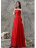 Strapless Beaded Red Lace Tulle Contemporary Evening Dress